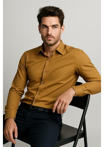 Slim Fit Pamuk Saten Klasik Taba Gömlek Gk 624