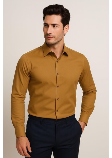 Slim Fit Pamuk Saten Klasik Taba Gömlek Gk 624