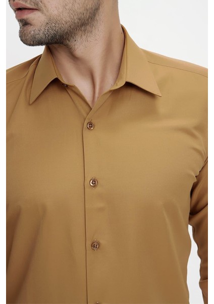 Slim Fit Pamuk Saten Klasik Taba Gömlek Gk 624