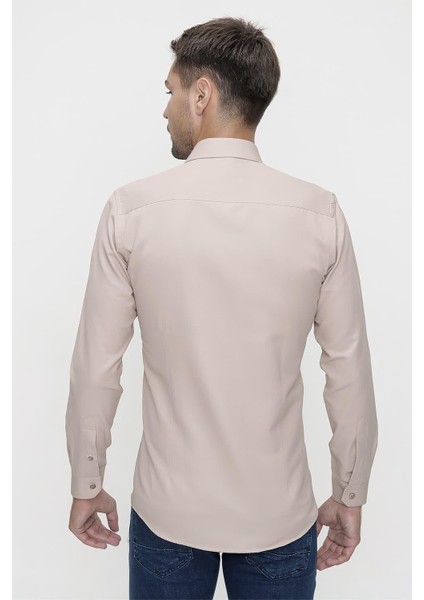 Slim Fit Pamuk Saten Klasik Bej Gömlek Gk 624