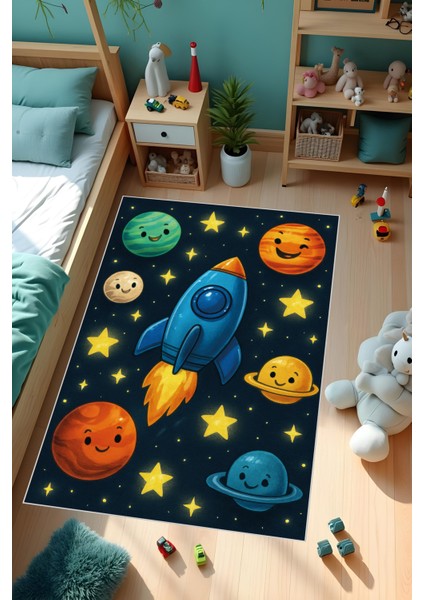 Dijital Baskı Çocuk Odası Halısı Makinede Yıkanabilir Anti Bakteriyel Leke Tutmaz Kaymaz Taban.