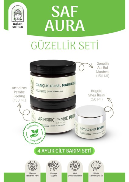 | Saf Aura Güzellik Seti, Orijinal Acı Bal Maskesi, Orijinal Shea Kremi, Nemlendirici Peeling, %100 Bitkisel (4 Aylık Cilt Bakım Seti)