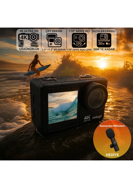 Action 12X 4K 60FPS 20MP Çift Ekran 170° Aksiyon Kamerası - Kumanda ve Mikrofon Hediyeli