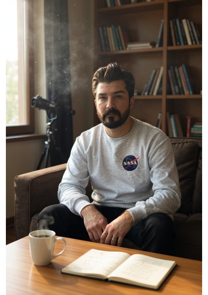 Gri Bisiklet Yaka Ön Baskılı Oversize Erkek Sweatshirt modelleri