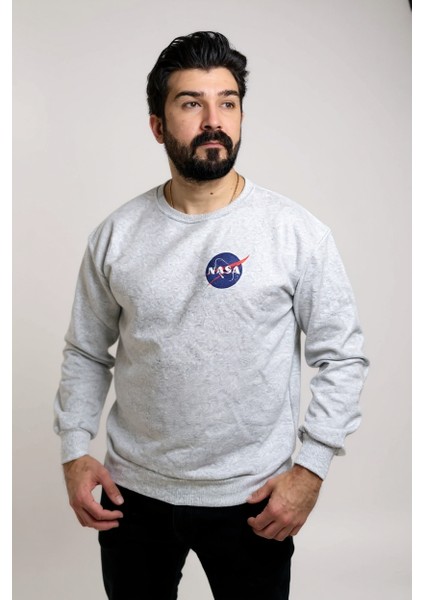 Gri Bisiklet Yaka Ön Baskılı Oversize Erkek Sweatshirt