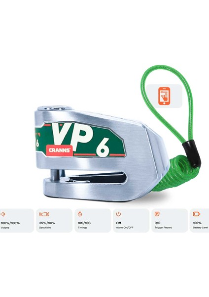 VP6 Alarmlı Disk Kilidi Bluetooth App Kontrollü Motosiklet Bisiklet 304 Paslanmaz 6 mm Karbür PİM