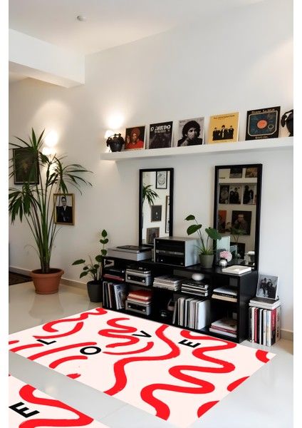Dijital Baskı Kırmızı Şeritli Love Kaymaz Taban Leke Tutmaz Makinada Yıkanabilir Salon Halısı modelleri
