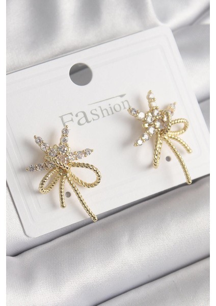 Pirinç Gold Renk Zirkon Taşlı Yıldız Düğüm Model Kadın Küpe - PRT3500EB03432