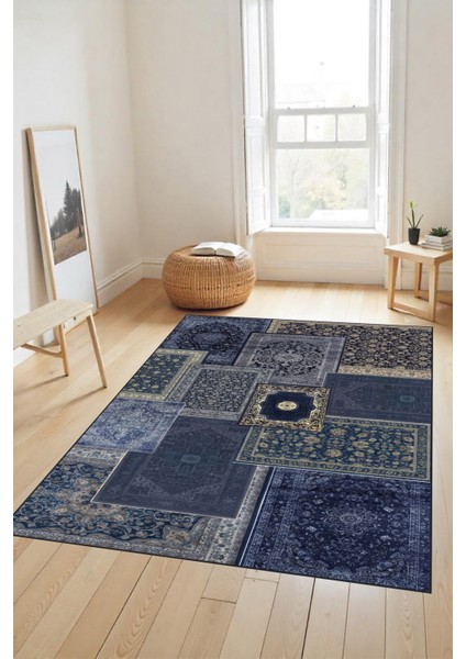 Makinede Yıkanabilir Mavi Temalı Kaymaz Taban Leke Tutmaz Mutfak Halısı Salon Halısı ve Yolluk