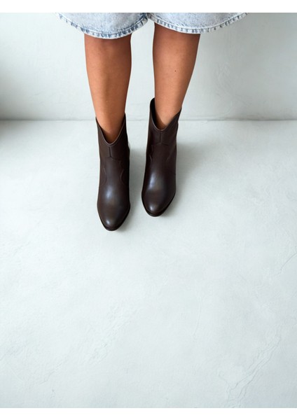 Kahve Deri Kalın Topuklu Kadın Western Bot fırsatları