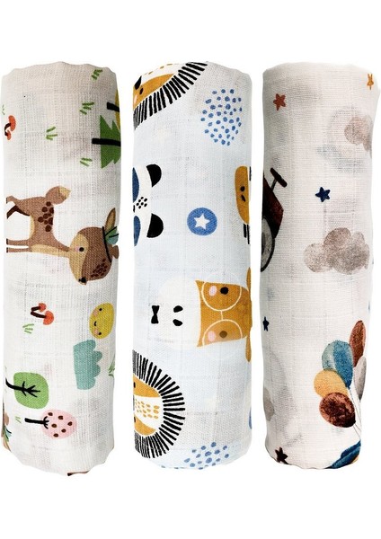 Müslin Örtü Üçlü 55X55 Minicik Uçan Arabalar-Minicik Safari Dostları-Minicik Geyik Bahçesi
