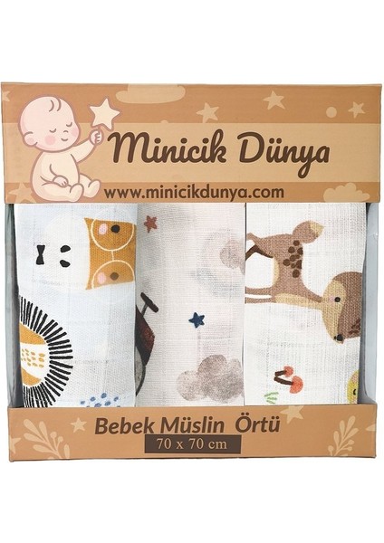Müslin Örtü Üçlü 55X55 Minicik Uçan Arabalar-Minicik Safari Dostları-Minicik Geyik Bahçesi