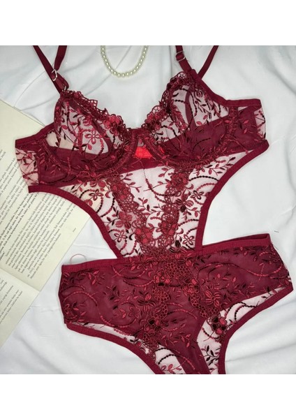 Bordo Dantel Iç Çamaşır Takımı Bodysuit