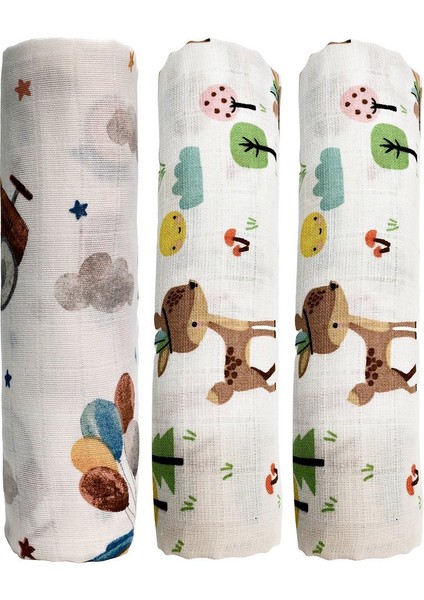Müslin Örtü Üçlü 55X55 Minicik Uçan Arabalar-Minicik Geyik Bahçesi-Minicik Geyik Bahçesi