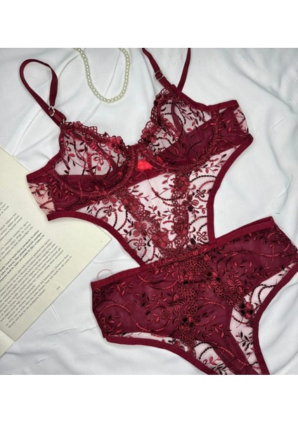 Bordo Dantel Iç Çamaşır Takımı Bodysuit modelleri