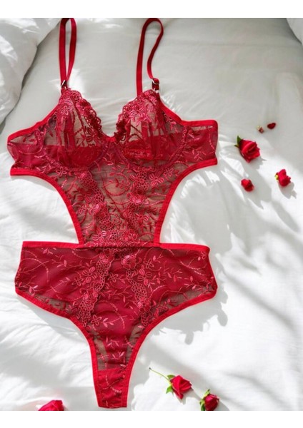 Kırmızı Dantel Iç Çamaşır Takımı Bodysuit