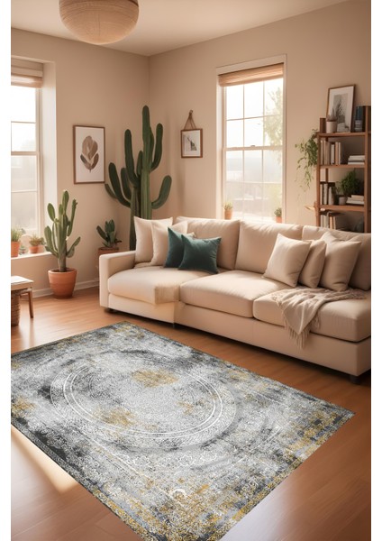 Dijital Baskı Eskitme Vintage Çerçeveli Dekoratif Makinada Yıkanabilir Salon ve Yolluk Halısı