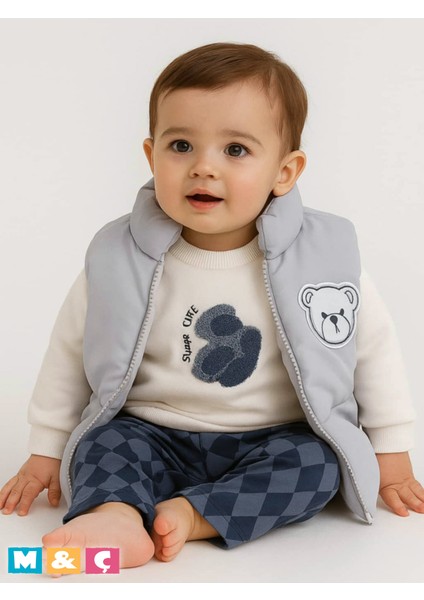 M.Ç FAMİLYSTORE Erkek Bebek Yelekli Kombin 3lü Kalın Üç Iplik Ayıcık Takım Baby Outfit