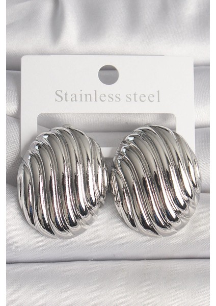 Pirinç Gümüş Renk Işlemeli Oval Model Kadın Küpe - PRT3500EB03884