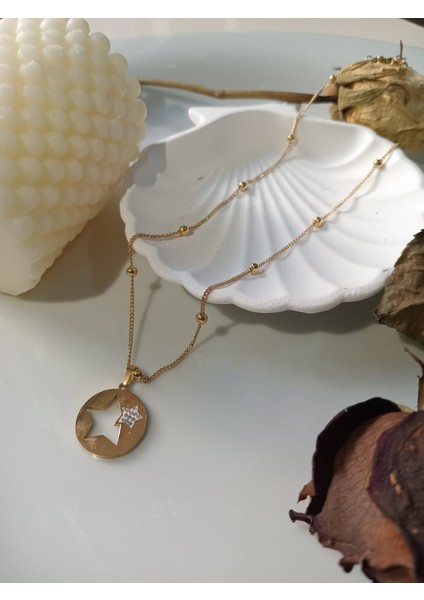 Yıldız Taşli Kolye Altın Sarisi Paslanmaz Çelik