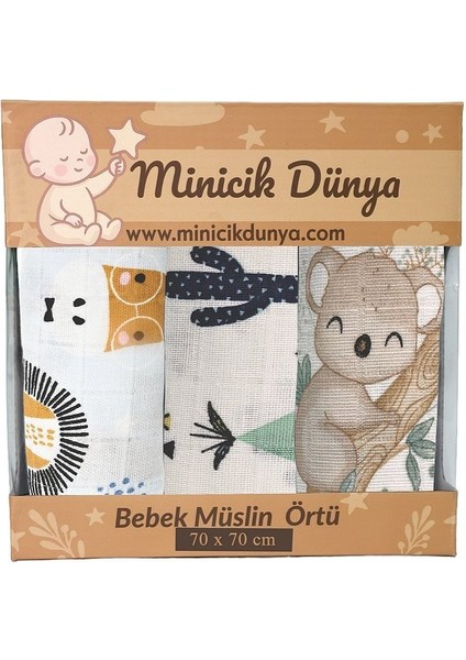 Müslin Örtü Üçlü 55X55 Minicik Kaktüs Bahçesi-Minicik Safari Dostları-Minicik Kuala Sevgisi