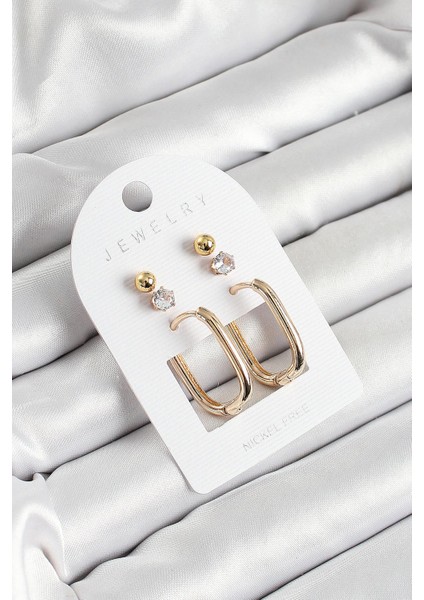 Pirinç Zirkon Taş ve Dikdörtgen Figürlü Gold Renk 3lü Çift Kadın Küpe Set - PRT3500EB06371