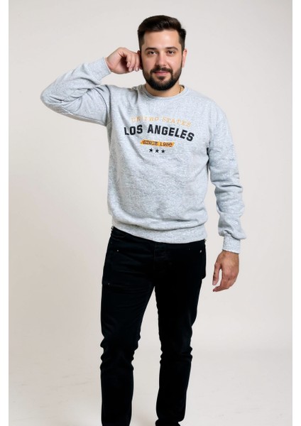 Gri Bisiklet Yaka Ön Baskılı Oversize Erkek Sweatshirt modelleri