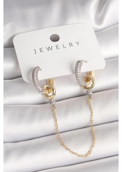 Pirinç Mix Renk Zirkon Taşlı Sallantı Zincir Model Kadın Küpe - PRT3500EB04562