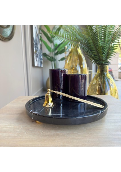 Siyah Mermer Gold Top Ayaklı Sunum Tabağı , Toros Siyahı Mermer Gold Ayaklı Sunumluk