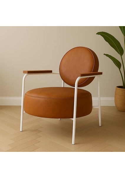 venüs Berjer Modern Tekli Koltuk - Deri Kumaş - Beyaz Metal Iskelet - Taba