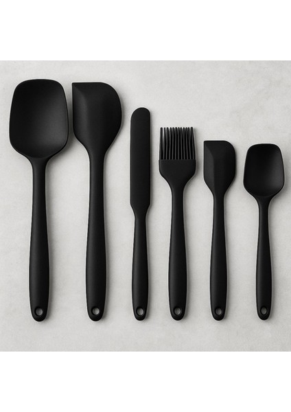 6'lı Mutfak Seti: Silikon Yumurta Fırçası, Kaşık, Bıçak, Spatula Siyah