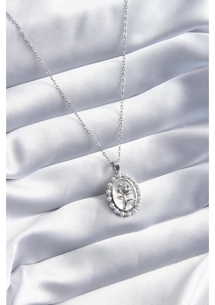 316L Çelik Gümüş Renk Gül Model Inci Detay Kadın Kolye - PRT3500EB00816