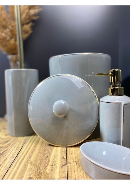 Hometarz Porselen Gold Banyo Wc Takımı 5 Li Sabunluk Fırçalık Set
