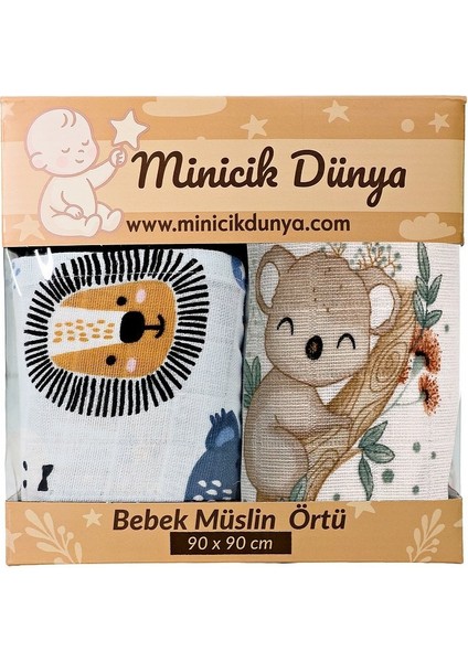 Müslin Örtü Ikili 90X90 Minicik Koala Sevgisi-Minicik Safari Dostları