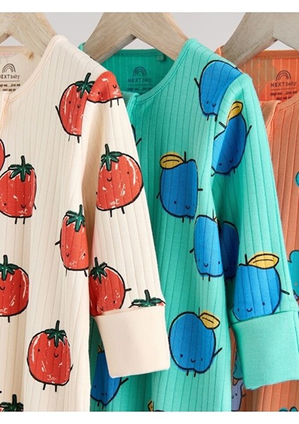 % 100 Pamuklu Krem Turuncu Sebze Desenli 3'lü Tulum Set modelleri