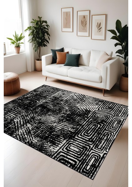 Bohem Siyah Halı - Dijital Yıkanabilir Kaymaz Taban Leke Tutmaz Salon Halısı Mutfak Halısı ve Yolluk