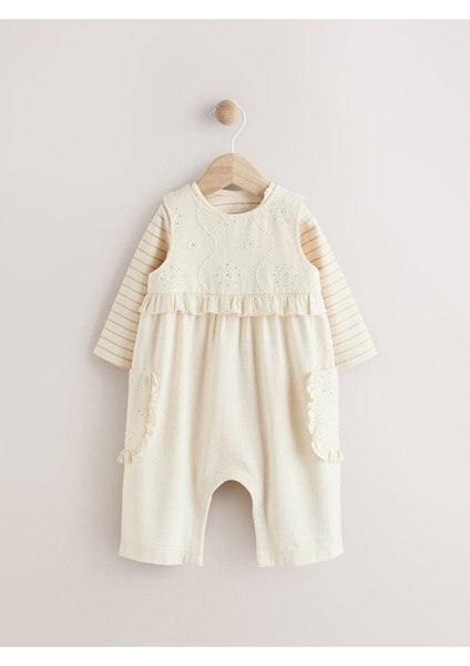 % 100 Pamuklu Krem Fırfırlı Salopet Body Zıbın Set