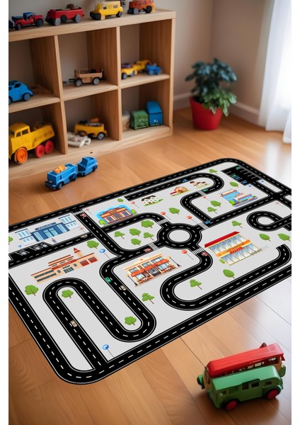 Yollu Oyun Halısı Makinede Yıkanabilir Kaymaz Taban Leke Tutmaz Antibakteriyel Çocuk Odası Halısı