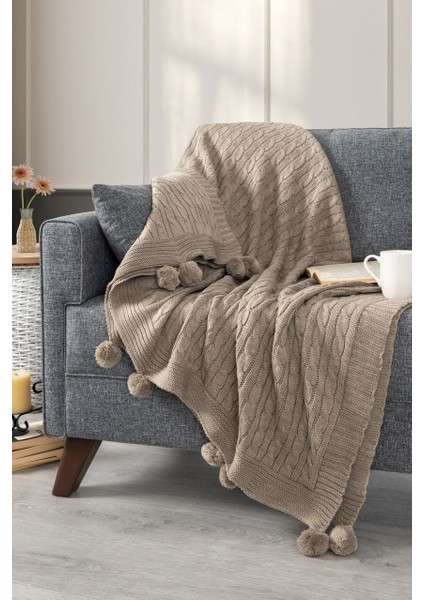 Ponponlu Triko Örme Tv Battaniyesi – Koltuk & Omuz Şalı & Diz Battaniyesi – 130X170CM - Bej fırsatları