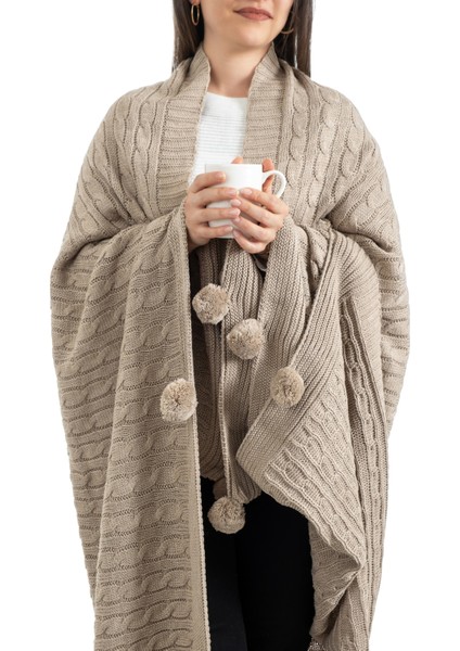 Ponponlu Triko Örme Tv Battaniyesi – Koltuk & Omuz Şalı & Diz Battaniyesi – 130X170CM - Bej indirimleri