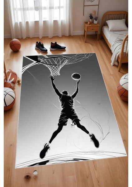 Dijital Baskı Siyah Beyaz Basketbol Temalı Makinada Yıkanabilir Genç Odası Salon ve Yolluk Halısı