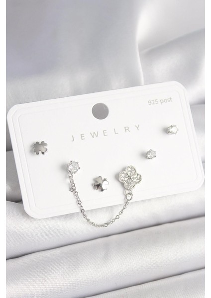 925 Ayar Gümüş Çivi Pirinç Gümüş Renk Zirkon Taşlı Yonca Model Sallantı Zincir Detay Kadın Küpe Seti - PRT3500EB04474