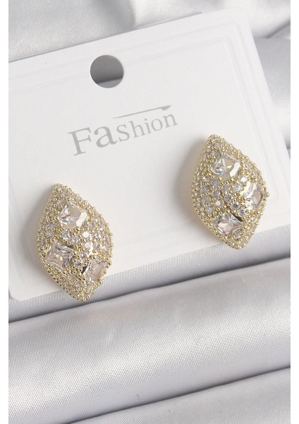 Pirinç Gold Renk Zirkon Taş Işlemeli Damla Model Kadın Küpe - PRT3500EB03261