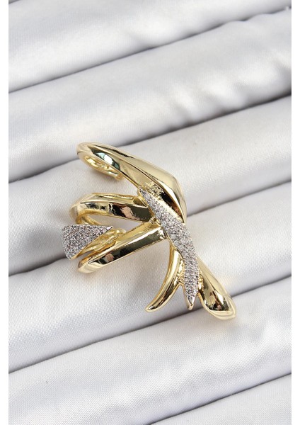 Pirinç Zirkon Taşlı Sıkıştırma Sağ Kıkırdak Gold Renk Kadın Küpe - PRT3500EB06836