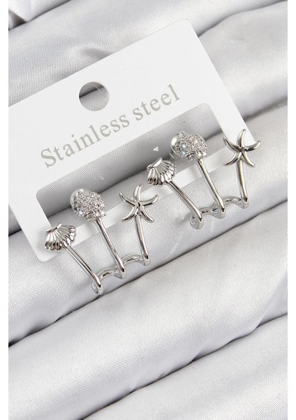 Pirinç Zirkon Taşlı Deniz Yıldızı ve Istiridye Model Gümüş Renk Kadın Küpe - PRT3500EB08275