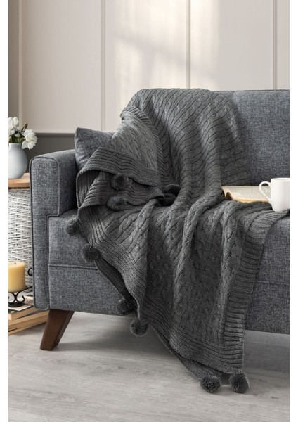 Ponponlu Triko Örme Tv Battaniyesi – Koltuk & Omuz Şalı & Diz Battaniyesi – 130X170CM - Koyu Gri fırsatları