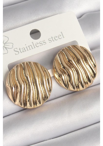 Pirinç Gold Renk Işlemeli Daire Plaka Model Kadın Küpe - PRT3500EB04068