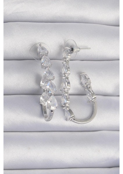 Pirinç Gümüş Renk Damla Zirkon Taş Tasarımlı Küpe - PRT3500EB01926