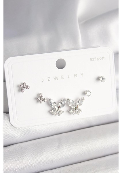 925 Ayar Gümüş Çivi Pirinç Zirkon Taşlı Kelebek Model Kadın Küpe Seti - PRT3500EB04476