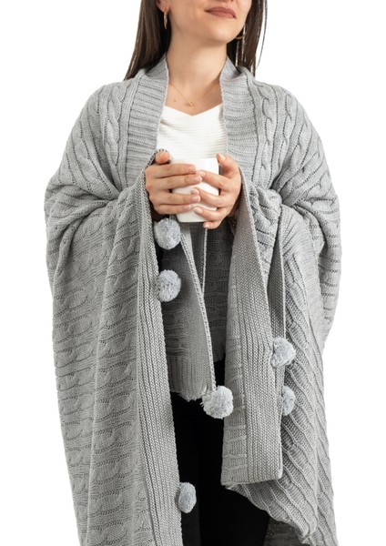 Ponponlu Triko Örme Tv Battaniyesi – Koltuk & Omuz Şalı & Diz Battaniyesi – 130X170CM - Açık Gri indirimleri